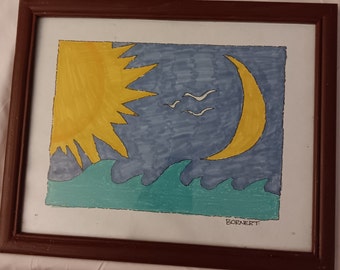 Serene picture, sun and moon, ocean, hand drawn, vibrant colors, Nice gift, sunshine, seagulls