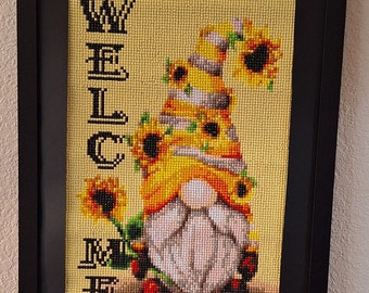 Gnome Welcome Sign, Spring, summer, flowers, gnomes, outdoor or indoor sign, framed, matted, and completed diamond painting