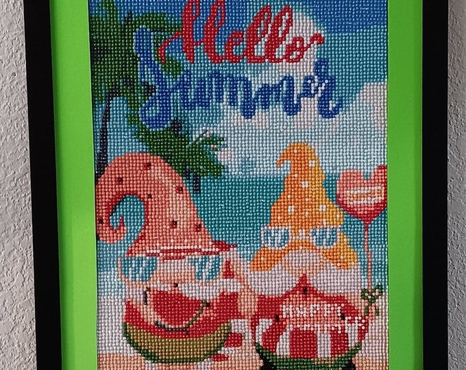 Featured listing image: Gnome finished diamond painting for Summer. Framed painting of gnomes celebrating Summer, Gnomes on the beach eating watermelon