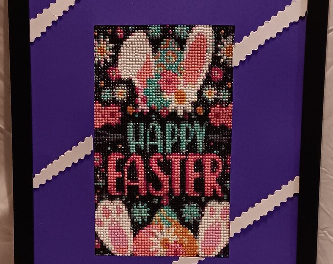Featured listing image: Happy Easter Bunny finished diamond painting with frame and matted, Easter sign, Hoppy Easter, Peter Cottontail, Easter Rabbit