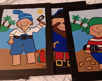 Pirate, children's art, pirate ship, pirate on the beach, four pirate acrylic paintings on canvas board, group of pirate paintings