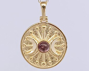 Sterling Silver Triple Moon Goddess Necklace with Amethyst Stone