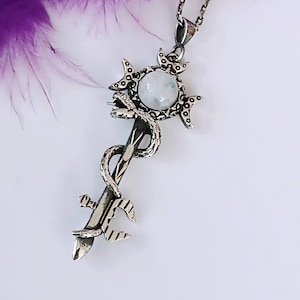 Sterling Silver Hecate Key Pendant: Moonstone Snake Goddess Necklace