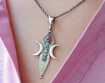 Spiral Goddess Pendant Sterling Silver Triple Moon Goddess