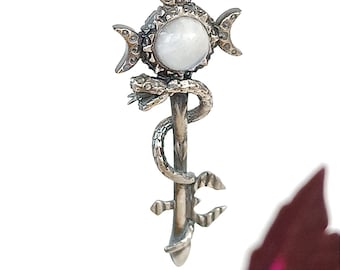 New Hecate's Key Pendant- Goddess Necklace- Antique Key Necklace-Snake Necklace-Moon Stone Necklace-Mythology Jewelry-Natural Stone Pendant