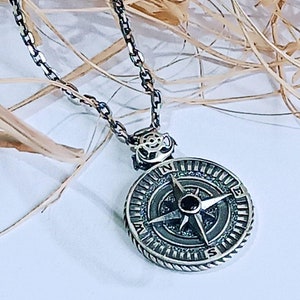 Kompasketting-sterlingzilveren herenketting-zwarte onix-steenketting-symbool van vrijheid-richting ketting-cadeau voor papa-cadeau voor hem