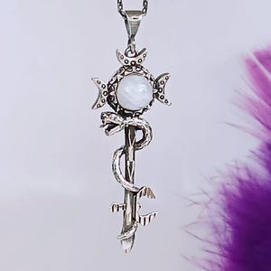 Hecate&#39;s Key Pendant- Goddess Necklace- Antique Key Necklace-Snake Necklace-Moon Stone Necklace-Mythology Jewelry-Natural Stone Pendant