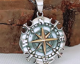 Compass Necklace-925 Silver HandMade Compass Medallion Necklace-North Star Necklace-Bohemian Style Necklace-Gift for Sailors-Unisex Necklace