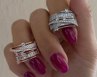 925k Sterling Silber Spiral Ring-Multi-Stein Ring-Verstellbarer Ring-Cubic Zircon und Baguette Stein Ring-Valentinstagstage Geschenk-Ringe für Frauen