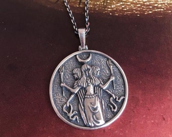 Sterling Silver Hecate Medallion Necklace: Triple Goddess Witchcraft Pendant