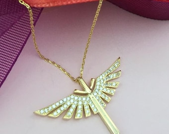 Sterling Silver Archangel Michael Necklace: Winged Sword Pendant
