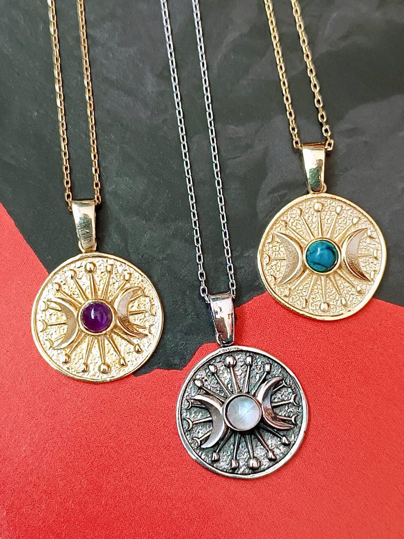 Sterling Silver Triple Moon Goddess Necklace, Moon Stone Hecate Necklace image 8