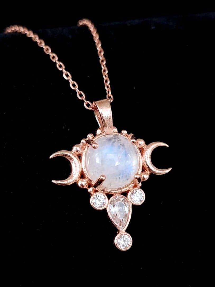 Hecate Triple Moon Necklace , Sterling Silver Naturel Stone Goddess ...
