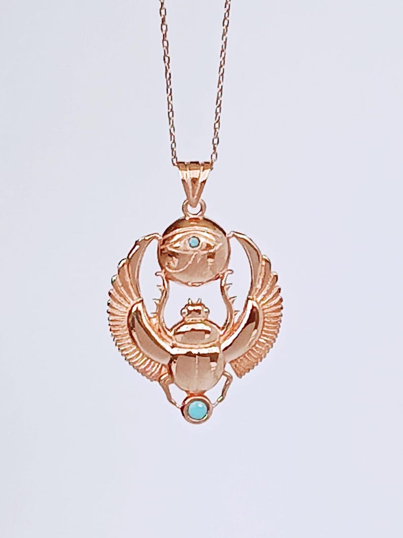Silver Handmade Egyptian Scarab Necklace - Turquoise Stone Eye of Horus Necklace Rose gold