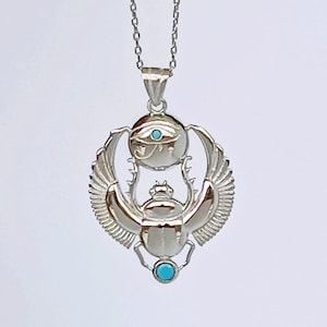 Silver Handmade Egyptian Scarab Necklace - Turquoise Stone Eye of Horus Necklace Silver