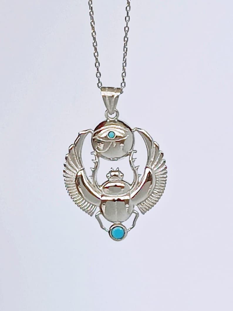 Silver Handmade Egyptian Scarab Necklace - Turquoise Stone Eye of Horus Necklace Silver