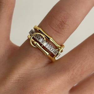 Sterling Silver Baguette Stone Ring Set: Gold Plated Bone Figure, Interlocking 3 Piece