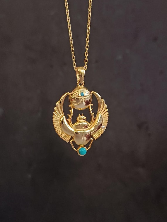 Silver Handmade Egyptian Scarab Necklace - Turquoise Stone Eye of Horus Necklace