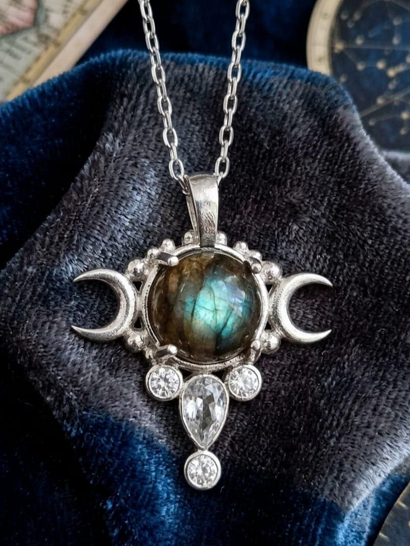 Hecate Triple Moon Necklace , Sterling Silver Naturel Stone Goddess ...