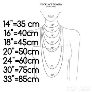 K&ouml;nnte beinhalten: Eine Tabelle, die die L&auml;ngen von Halsketten in Zoll und Zentimetern zeigt. Die Tabelle zeigt die folgenden L&auml;ngen: 14 Zoll = 35 cm, 16 Zoll = 40 cm, 18 Zoll = 45 cm, 20 Zoll = 50 cm, 24 Zoll = 60 cm, 30 Zoll = 75 cm und 33 Zoll = 85 cm.