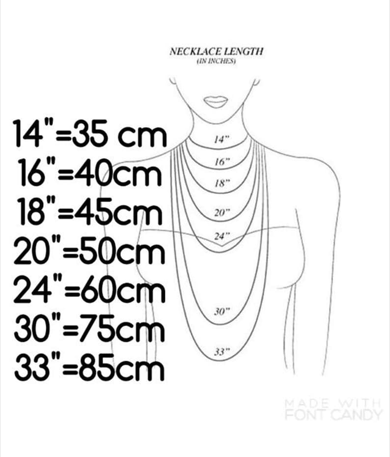 K&ouml;nnte beinhalten: Eine Tabelle, die die L&auml;ngen von Halsketten in Zoll und Zentimetern zeigt. Die Tabelle zeigt die folgenden L&auml;ngen: 14 Zoll = 35 cm, 16 Zoll = 40 cm, 18 Zoll = 45 cm, 20 Zoll = 50 cm, 24 Zoll = 60 cm, 30 Zoll = 75 cm und 33 Zoll = 85 cm.