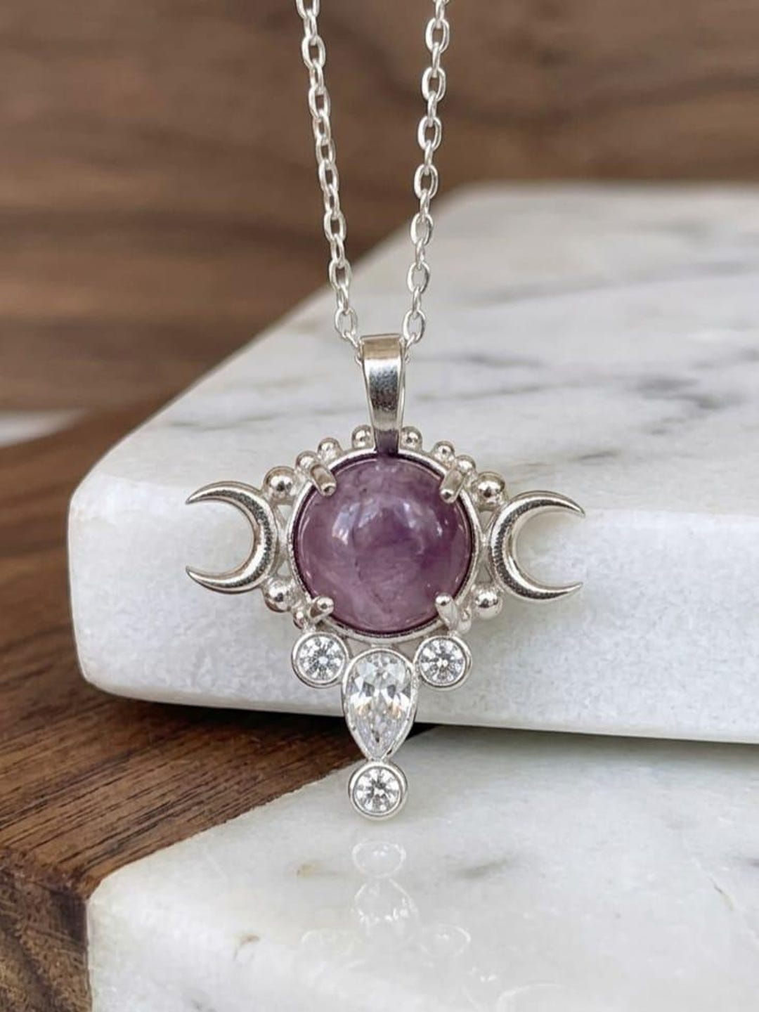 Hecate Triple Moon Necklace , Sterling Silver Naturel Stone Goddess ...
