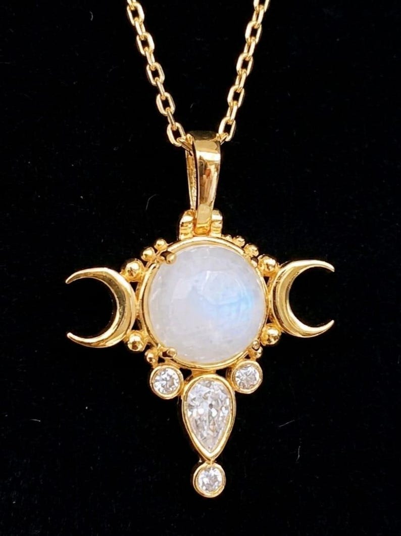 Hecate Triple Moon Necklace , Sterling Silver Naturel Stone Goddess ...