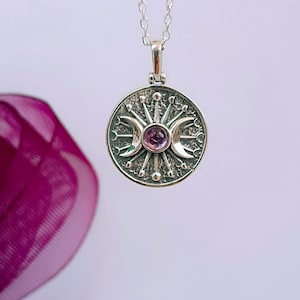 Sterling Silver Triple Moon Goddess Necklace with Amethyst Stone
