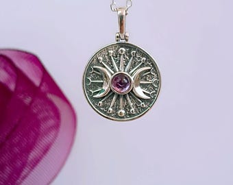Sterling Silver Triple Moon Goddess Necklace with Amethyst Stone