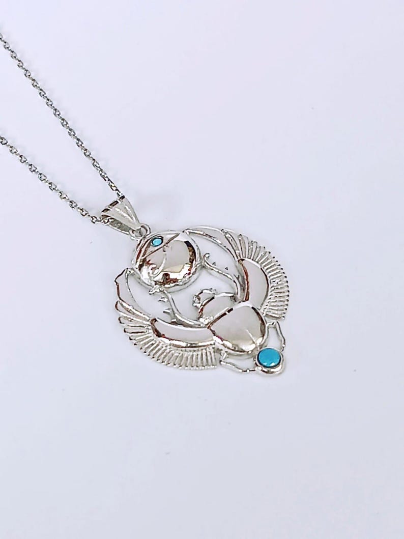 Silver Handmade Egyptian Scarab Necklace - Turquoise Stone Eye of Horus Necklace image 6