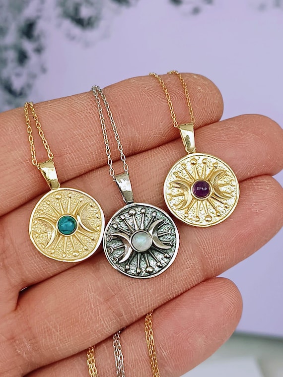 Sterling Silver Triple Moon Goddess Necklace, Moon Stone Hecate Necklace