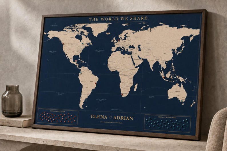Personalized Couple Travel Map Pin Board, Custom Framed Cork Board ...
