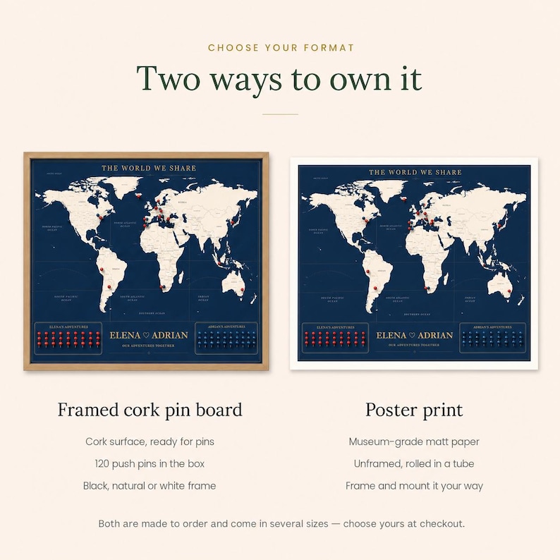 Personalized Couple Travel Map Pin Board, Custom Framed Cork Board ...