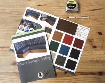 Folleto y paquete de muestras de banquetas modulares: asientos tipo banco a medida: cafetería, cocina, bar