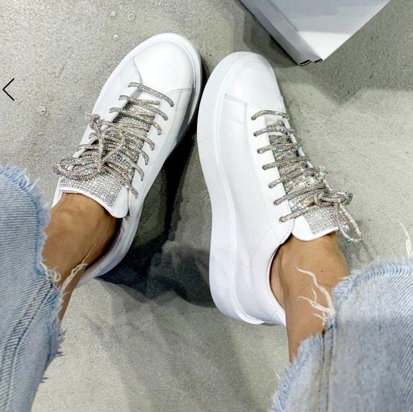 White Leather Sneakers Rhinestones Sneakers Swarovski Shoes - Etsy