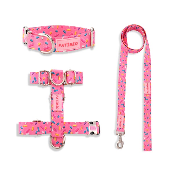 FULL SET Dog Harness Pink Bones, Dog Harness Set, Adjustable Dog Harness, Dog Leash&Dog Collar Set, Handmade Dog Harness, Handmade Leash