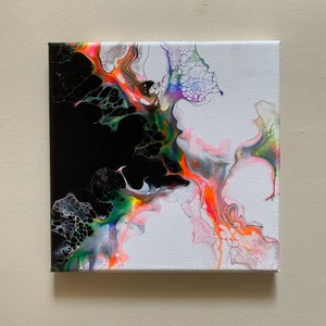 Neon Rainbow Acrylic Fluid Dutch Pour Painting. 8” x 8”