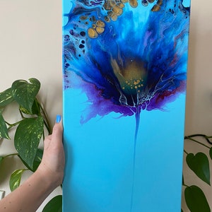 Blue, purple & gold acrylic Dutch pour flower painting. 10” x 20”