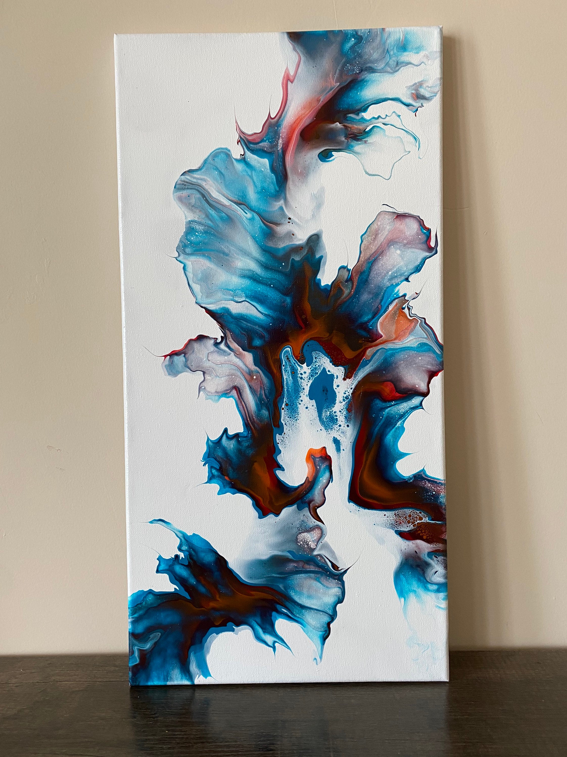 Fluid Acrylic Dutch Pour Painting, Red, Blue, Gold Abstract Art (10” X ...