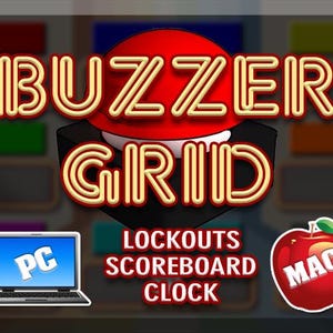 Pode incluir: Um botão vermelho com as palavras "BUZZER GRID" em texto amarelo com contorno. Abaixo do botão há uma caixa preta com as palavras "LOCKOUTS SCOREBOARD CLOCK" em texto branco. Um laptop com uma tela azul que diz "PC" está no lado esquerdo da imagem. Uma maçã vermelha com uma folha branca e a palavra "MAC" em texto branco está no lado direito da imagem.