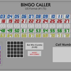 Pu&ograve; includere: Un'interfaccia digitale Bingo Caller su sfondo grigio con il testo BINGO CALLER US Format (#1-75). Mostra una griglia di numeri da 1 a 75 codificati per colore, un tastierino numerico viola Totalizator e un riquadro per Call Number.
