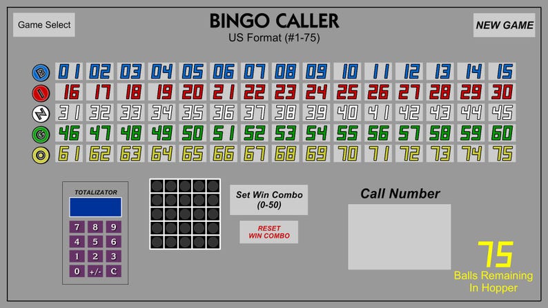 Pu&ograve; includere: Un'interfaccia digitale Bingo Caller su sfondo grigio con il testo BINGO CALLER US Format (#1-75). Mostra una griglia di numeri da 1 a 75 codificati per colore, un tastierino numerico viola Totalizator e un riquadro per Call Number.