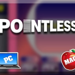 Op de afbeelding: Een digitale illustratie van het woord "POINTLESS" in witte tekst met een zwart-wit gestreept patroon achter de "I". Onder het woord staat links in de afbeelding een laptop met het woord "PC" op het scherm. Rechts in de afbeelding staat een rode appel met een groen blad erop en het woord "MAC" in witte tekst op de appel.