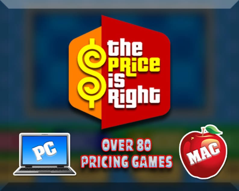 Puede incluir: Un logotipo rojo y amarillo para el programa de juegos "The Price is Right" con un signo de d&oacute;lar y el texto "Over 80 Pricing Games". Un ordenador port&aacute;til con la palabra "PC" en la pantalla y una manzana roja con la palabra "MAC" en ella.