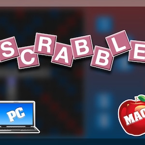 May include: A colorful illustration of the word "SCRABBLE" in pink tiles. A laptop computer with the word "PC" on the screen is on the left side of the image. A red apple with the word "MAC" on it is on the right side of the image.