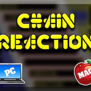Pode incluir: Um gráfico amarelo com o texto "CHAIN REACTION" em letras em negrito e em bloco. Um computador portátil com o texto "PC" na tela está no lado esquerdo da imagem. Uma maçã vermelha com uma folha verde e o texto "MAC" nela está no lado direito da imagem.