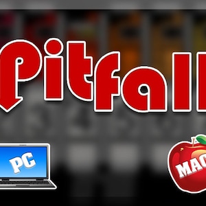 May include: A red graphic with the word "Pitfall" in large, bold letters. The graphic is set against a blurred background of colorful squares. Below the word "Pitfall", there are two icons: a laptop computer with the word "PC" on the screen and a red apple with a green leaf and the word "MAC" on it.