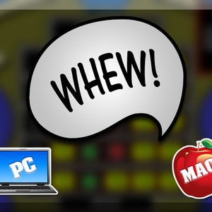 May include: A cartoon-style image with a speech bubble that says "WHEW!". Below the speech bubble is a laptop with "PC" on the screen and a red apple with "MAC" on it. The background is a blurred mix of colors.