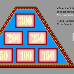 May include: A blue triangle with a red border and white polka dots. Inside the triangle are six pink squares with red borders. Each square contains a dollar sign and a number: $300, $200, $250, $50, $100, and $150.