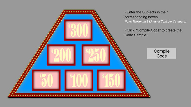 May include: A blue triangle with a red border and white polka dots. Inside the triangle are six pink squares with red borders. Each square contains a dollar sign and a number: $300, $200, $250, $50, $100, and $150.
